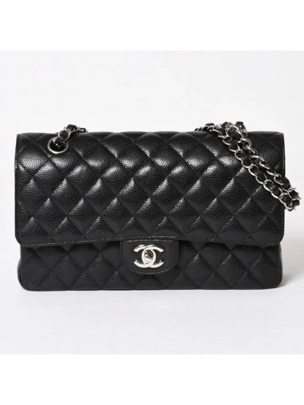 Chanel Quilted 25 Double Flap Chain Shoulder Bag CC Logo Caviar Leather Black